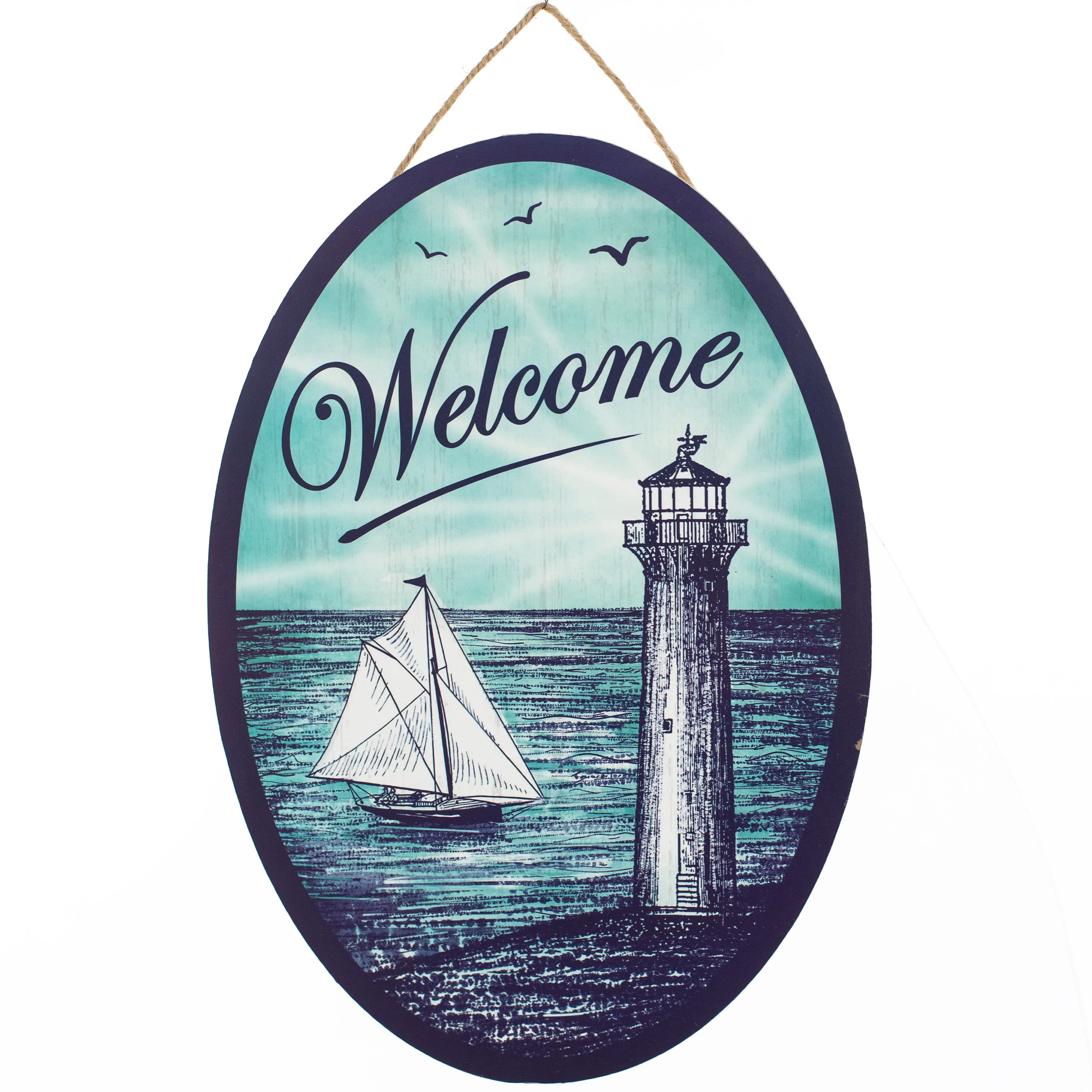 13" Oval Wooden Sign: Welcome Sailboat Lighthouse