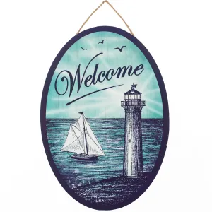 13" Oval Wooden Sign: Welcome Sailboat Lighthouse