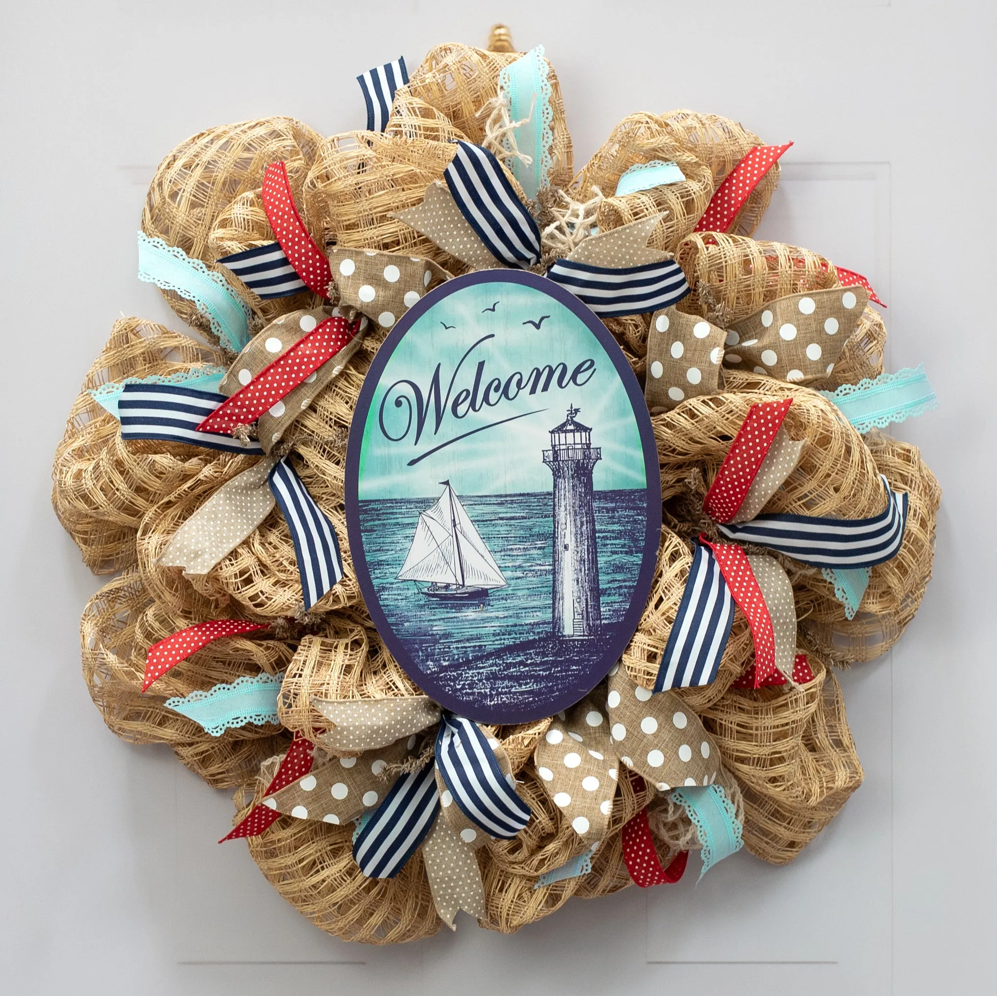 13" Oval Wooden Sign: Welcome Sailboat Lighthouse
