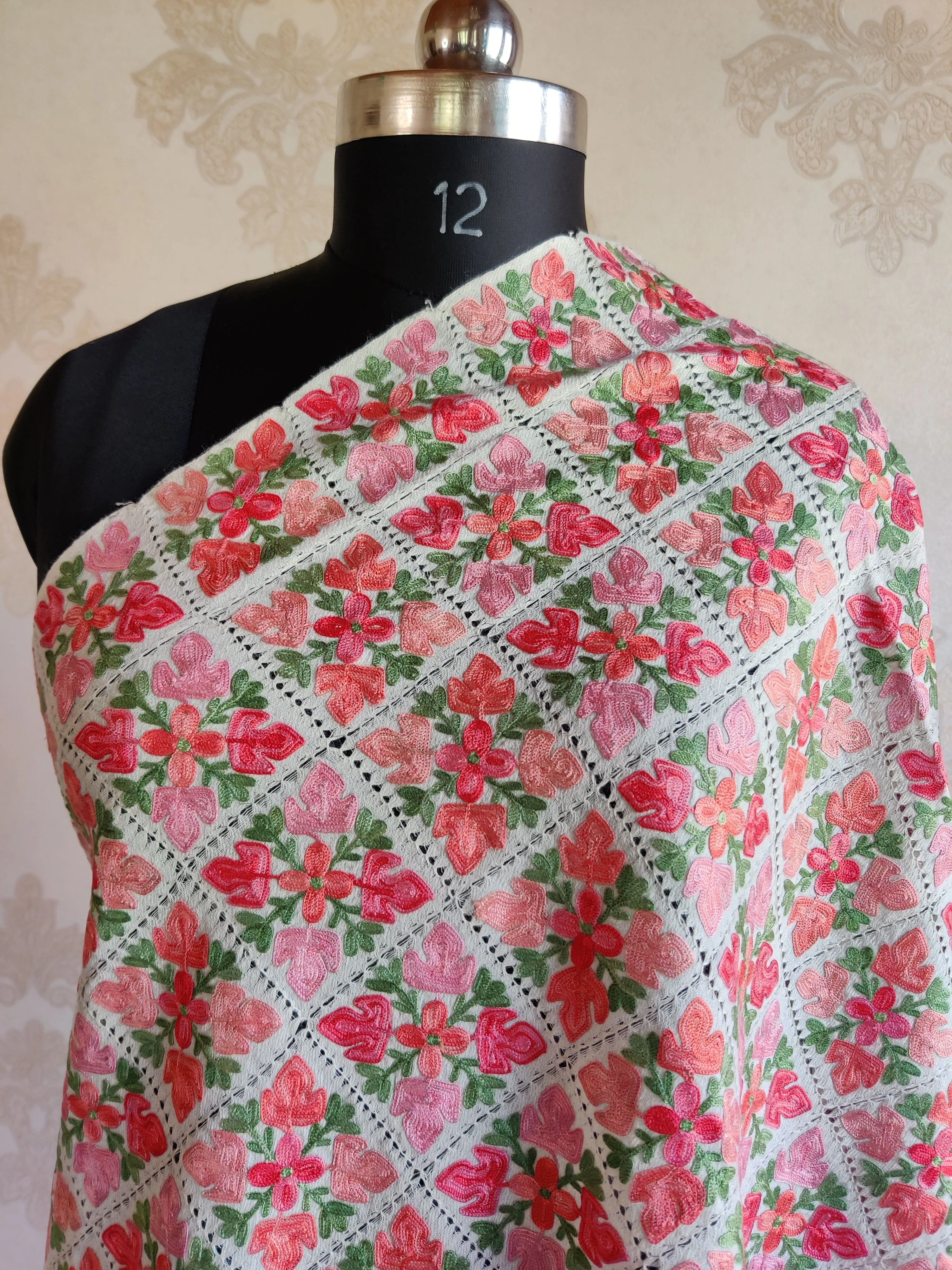 Aari Cut Work Floral-Embroidered White Merino Wool Scarf