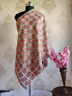 Aari Cut Work Floral-Embroidered White Merino Wool Scarf