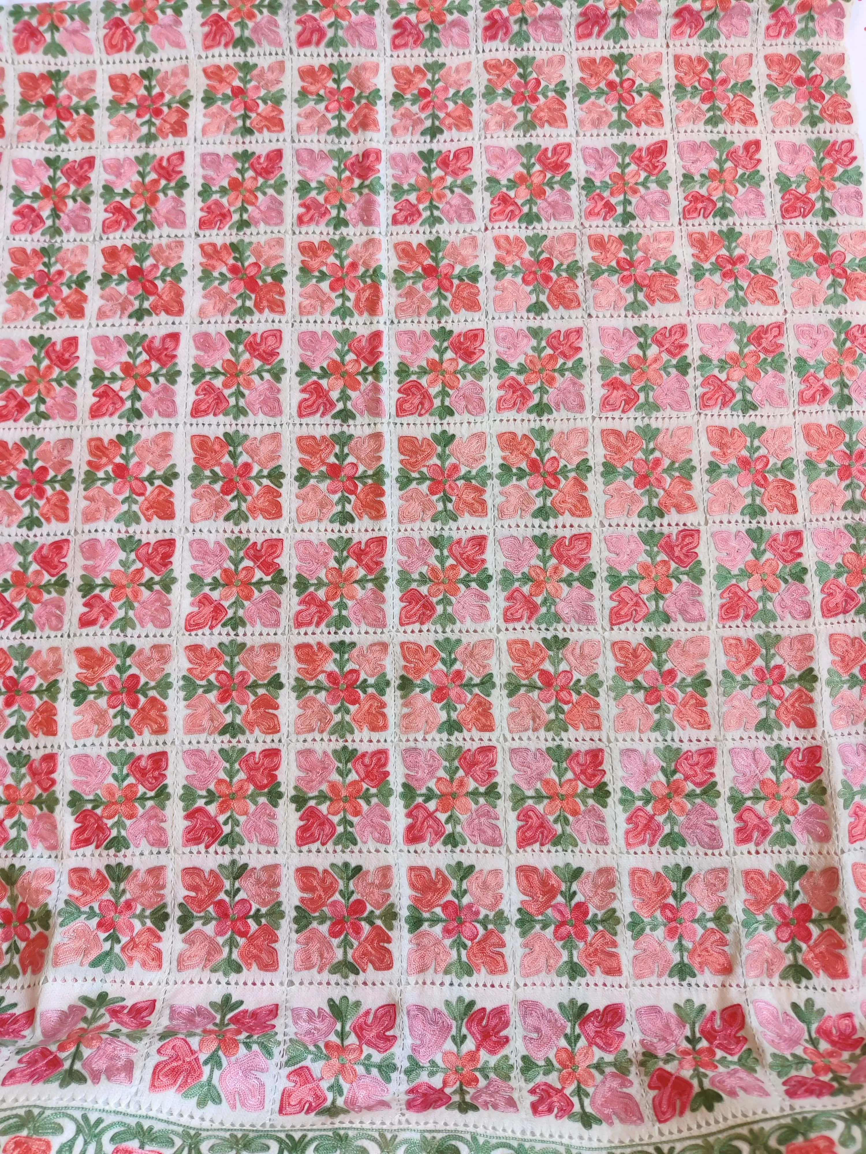 Aari Cut Work Floral-Embroidered White Merino Wool Scarf