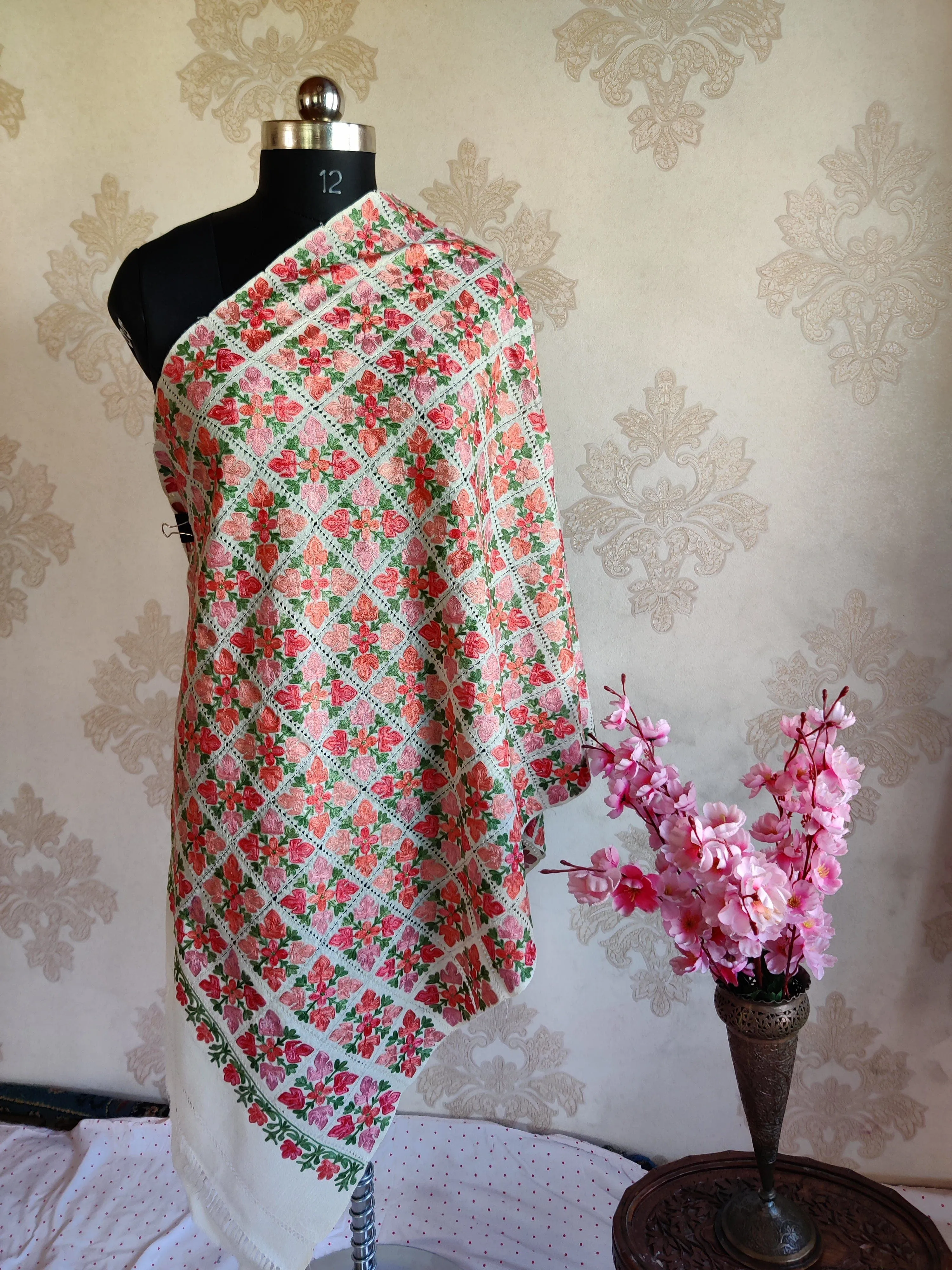 Aari Cut Work Floral-Embroidered White Merino Wool Scarf