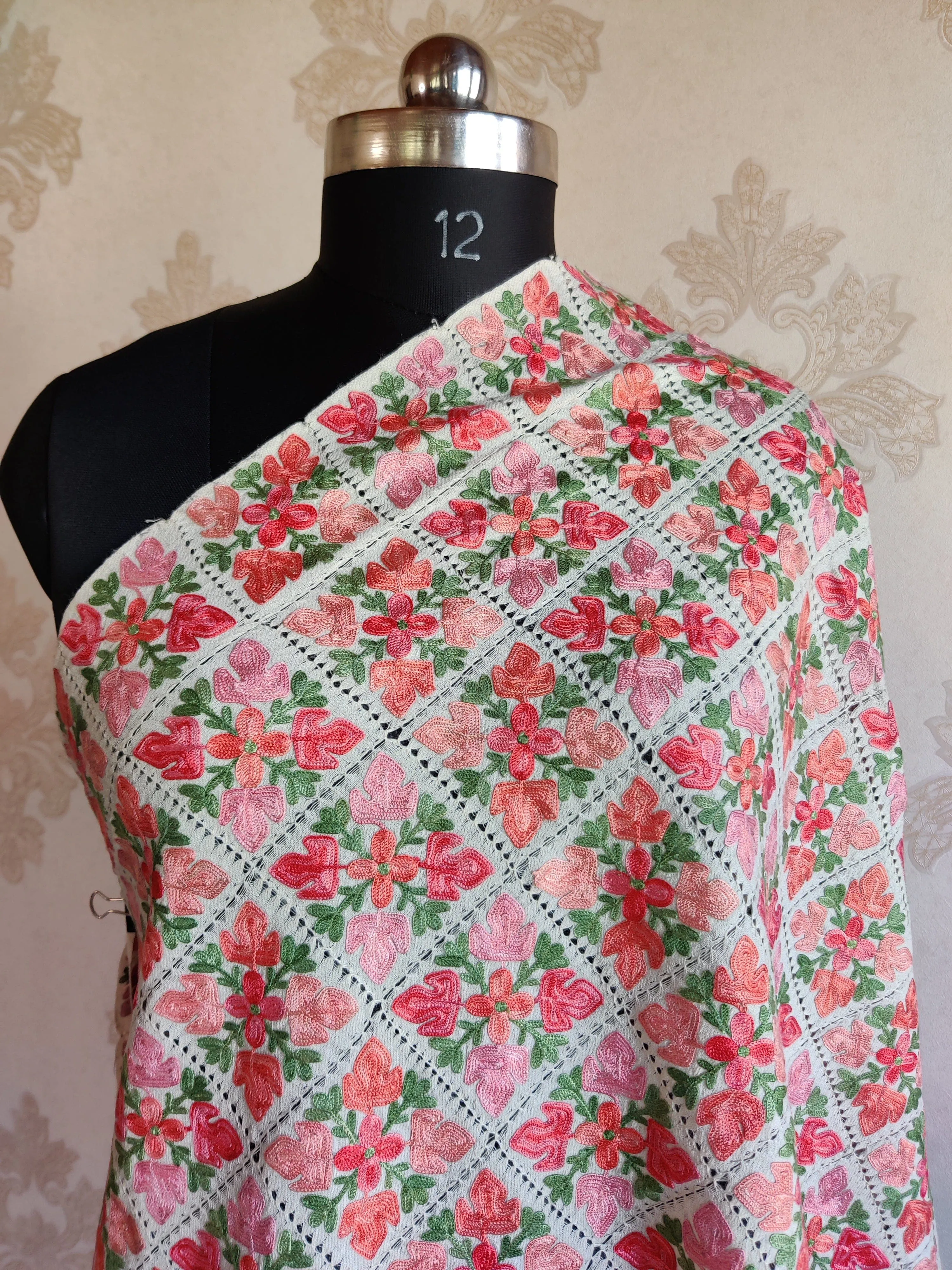 Aari Cut Work Floral-Embroidered White Merino Wool Scarf