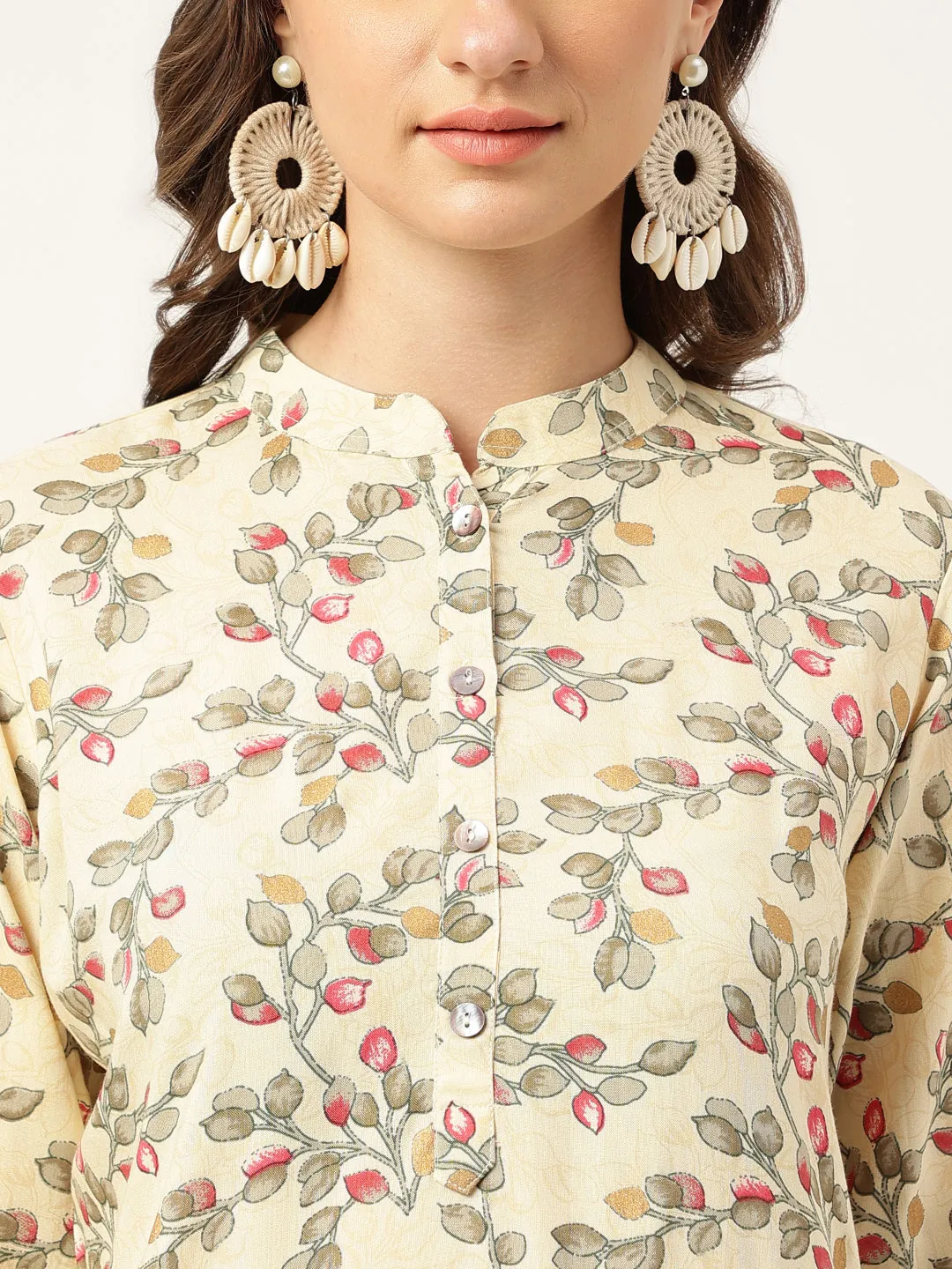 Beige Floral Digital Printed Straight Fold Sleeve Kurta