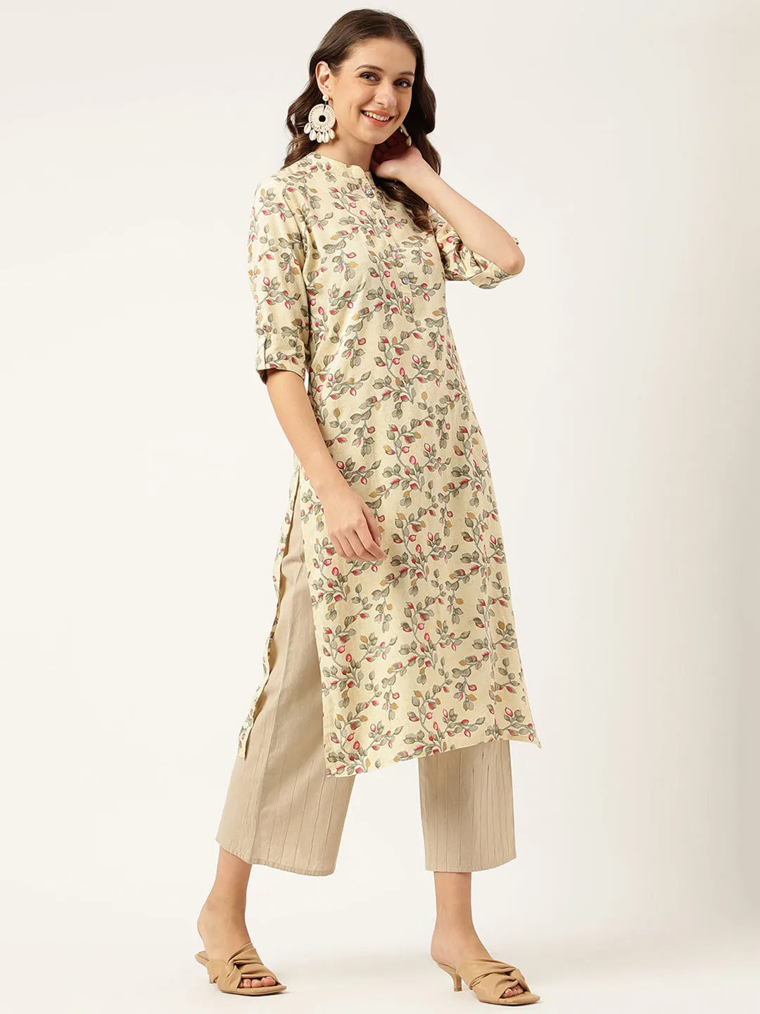 Beige Floral Digital Printed Straight Fold Sleeve Kurta
