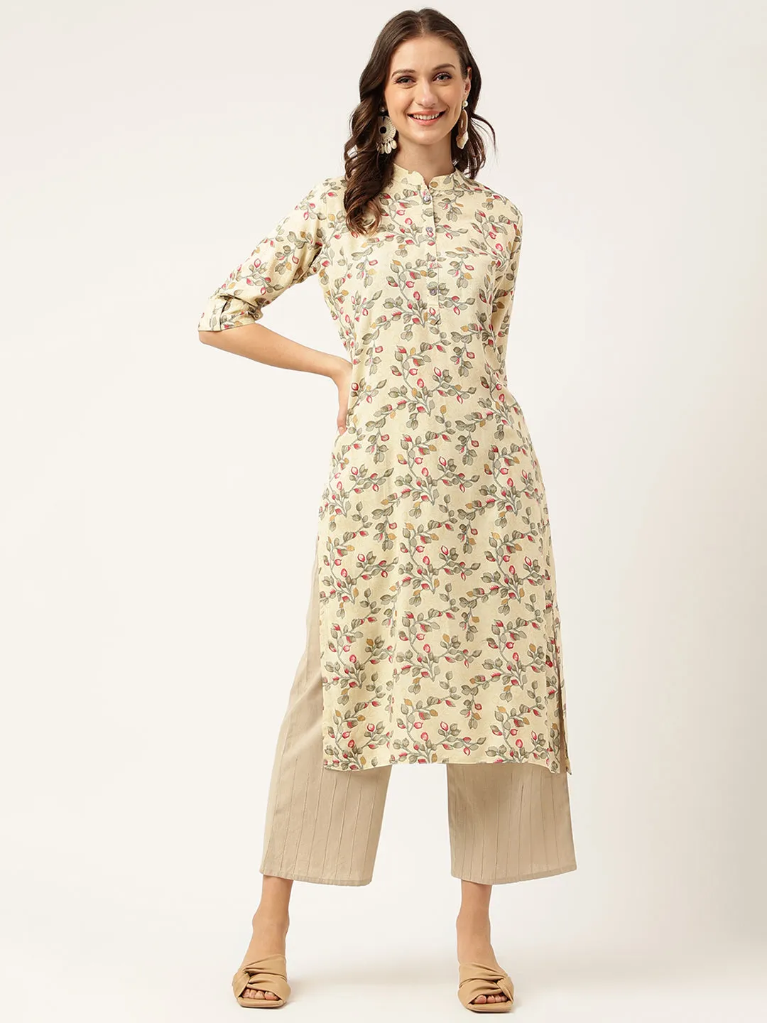 Beige Floral Digital Printed Straight Fold Sleeve Kurta