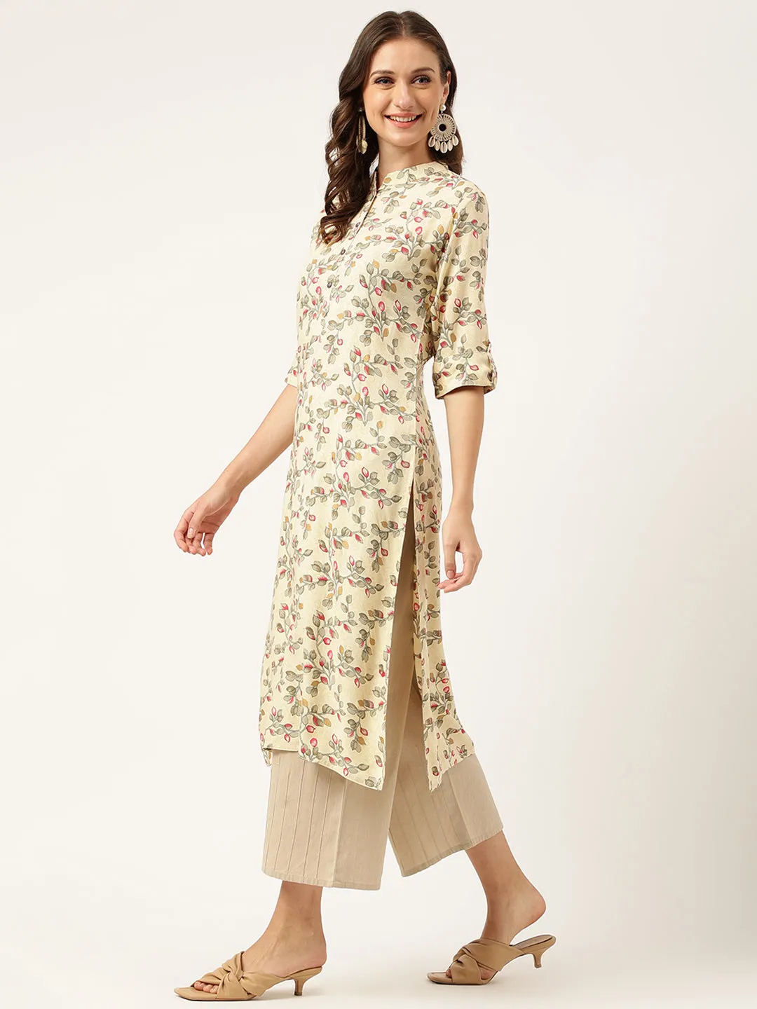 Beige Floral Digital Printed Straight Fold Sleeve Kurta