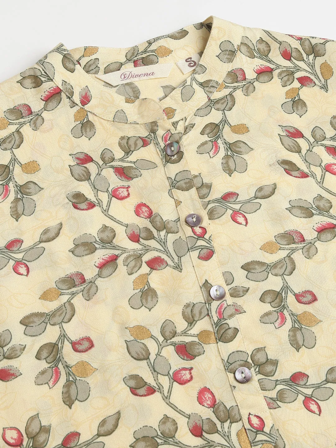Beige Floral Digital Printed Straight Fold Sleeve Kurta