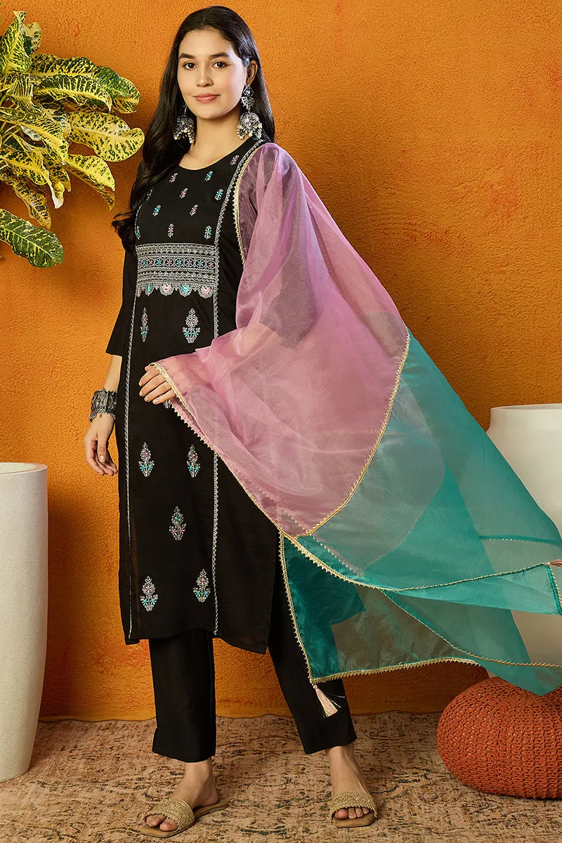 Black Silk Blend Solid Embroidered Straight Suit Set