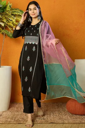 Black Silk Blend Solid Embroidered Straight Suit Set