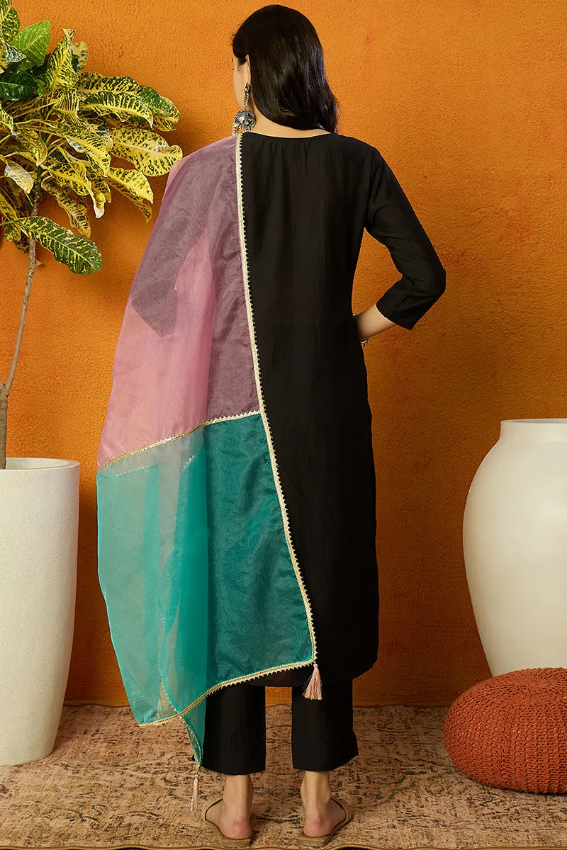 Black Silk Blend Solid Embroidered Straight Suit Set