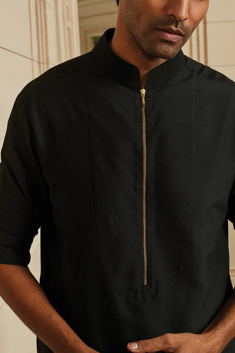 Black Single Kurta With Zipper Placket