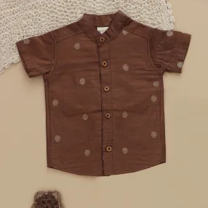Bronze Elegance: Boys Brown Silk Shirt with Golden Accents
