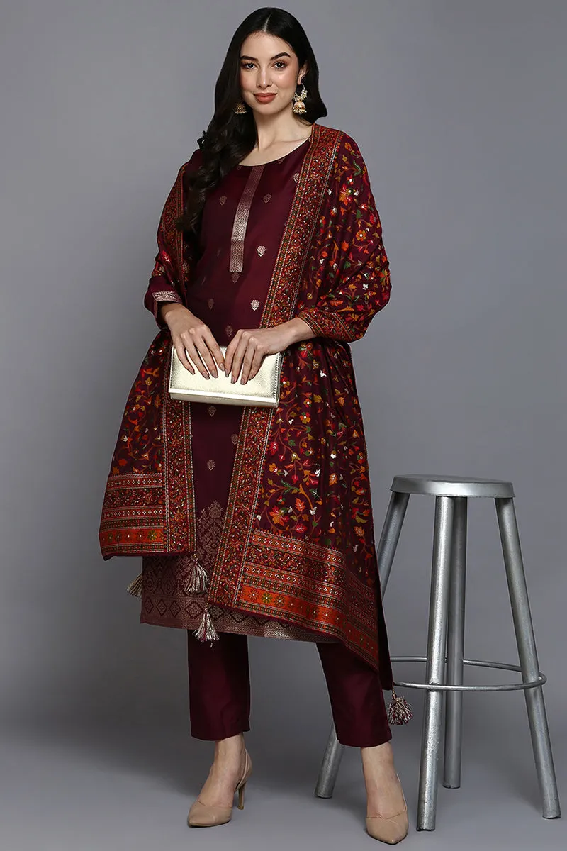 Burgundy Silk Blend Ethnic Straight Suit Set