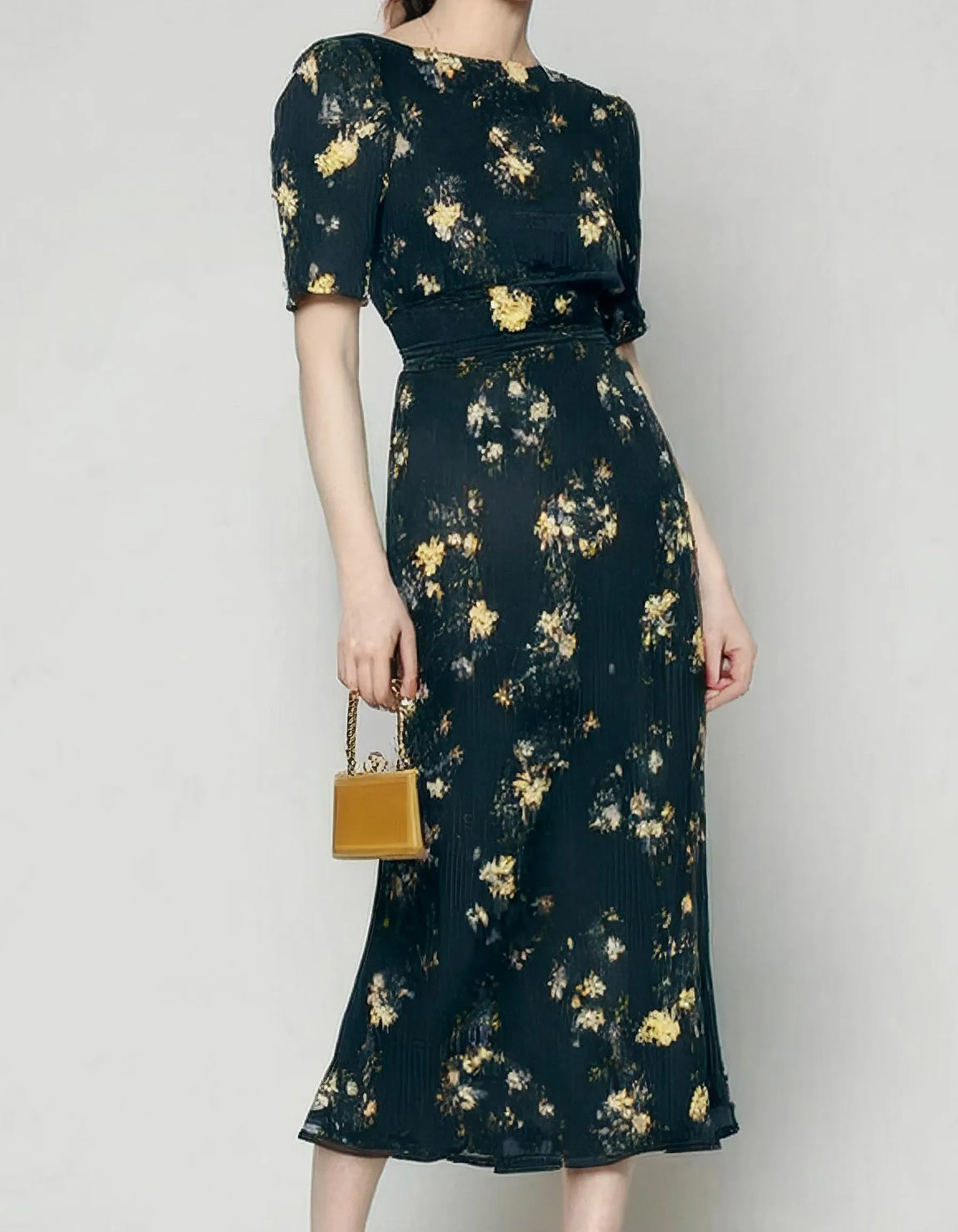 Classic Navy Blue Floral Midi Dress