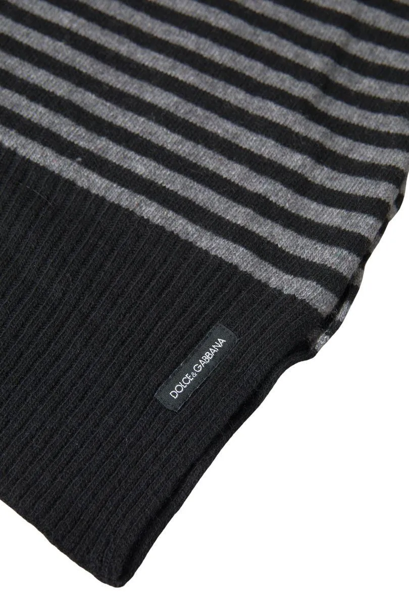 Dolce & Gabbana Black Gray Stripe Wool Neck Wrap Shawl Scarf