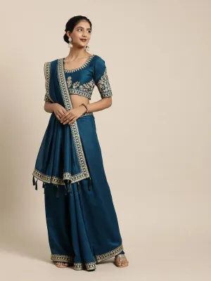 Embroidered Teal Silk Blend Partywear Saree