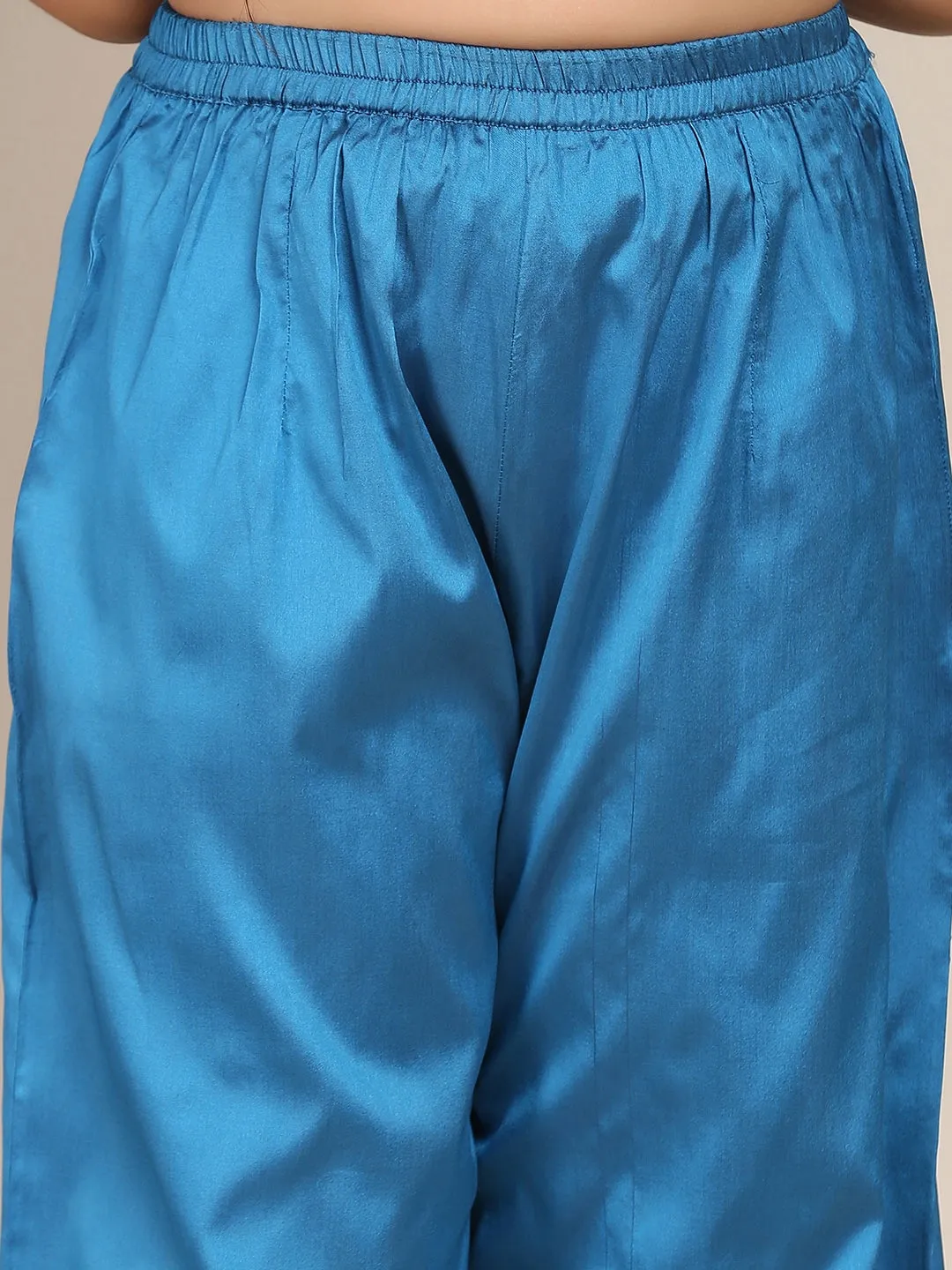 Girls Blue Floral Embroidered Yoke Design Pleated Kurta With Palazzos & Dupatta