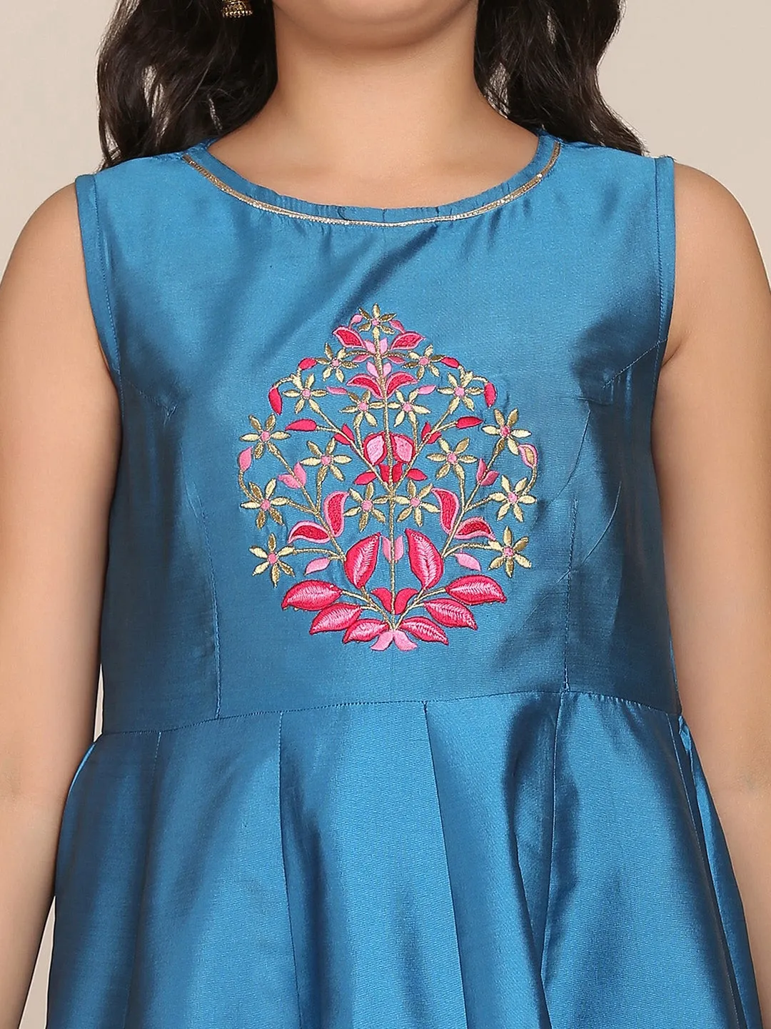 Girls Blue Floral Embroidered Yoke Design Pleated Kurta With Palazzos & Dupatta