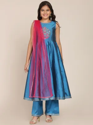 Girls Blue Floral Embroidered Yoke Design Pleated Kurta With Palazzos & Dupatta