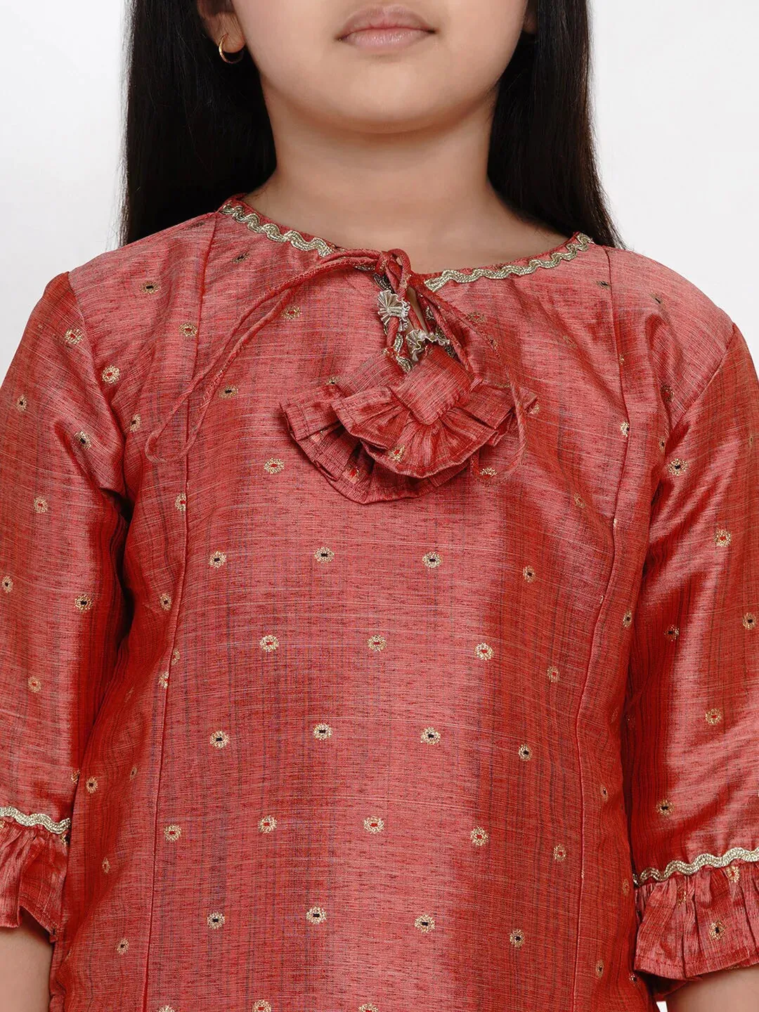 Girls Peach-Coloured Woven Design Kurta With Patiala