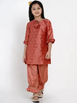 Girls Peach-Coloured Woven Design Kurta With Patiala