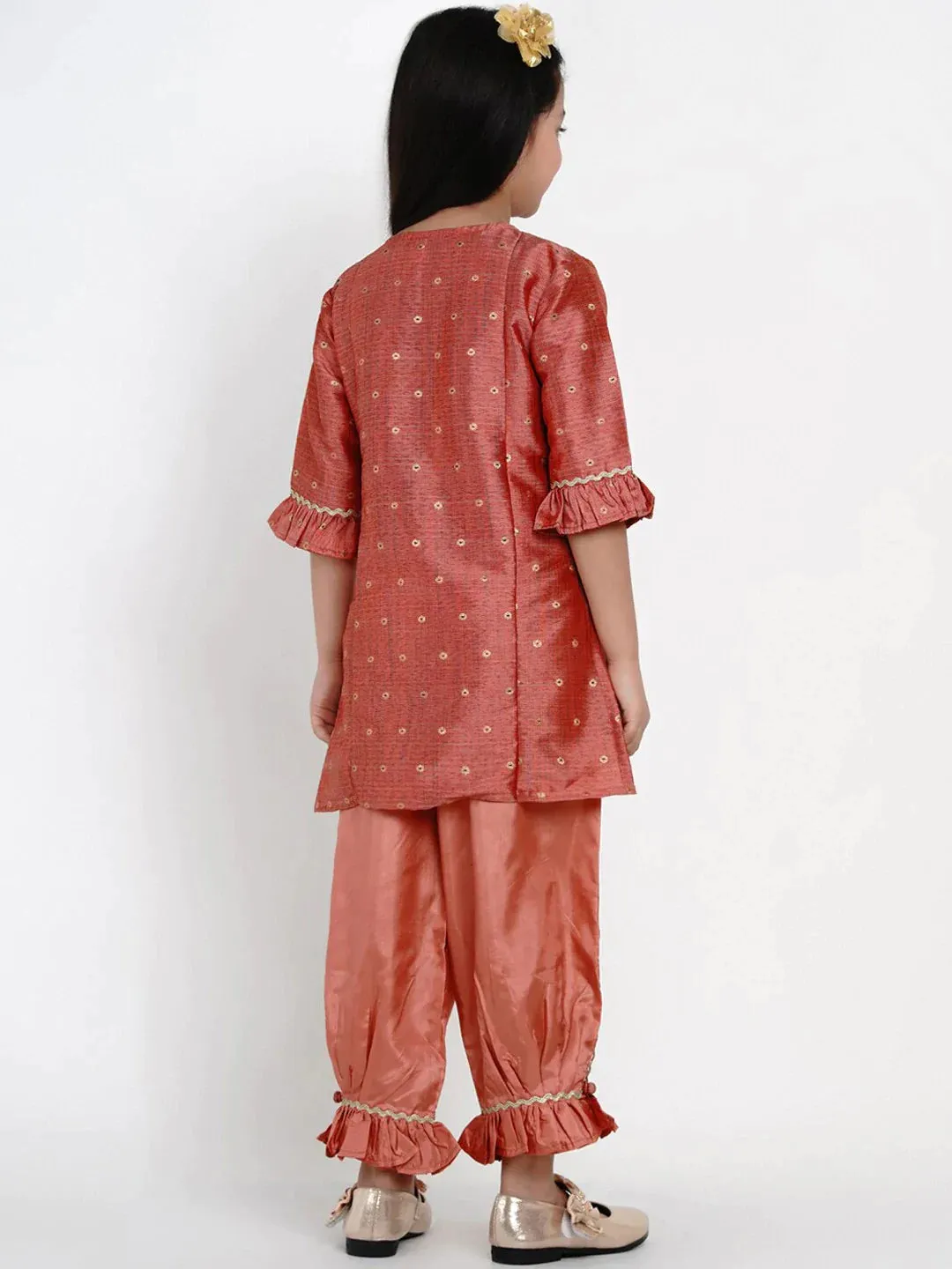 Girls Peach-Coloured Woven Design Kurta With Patiala