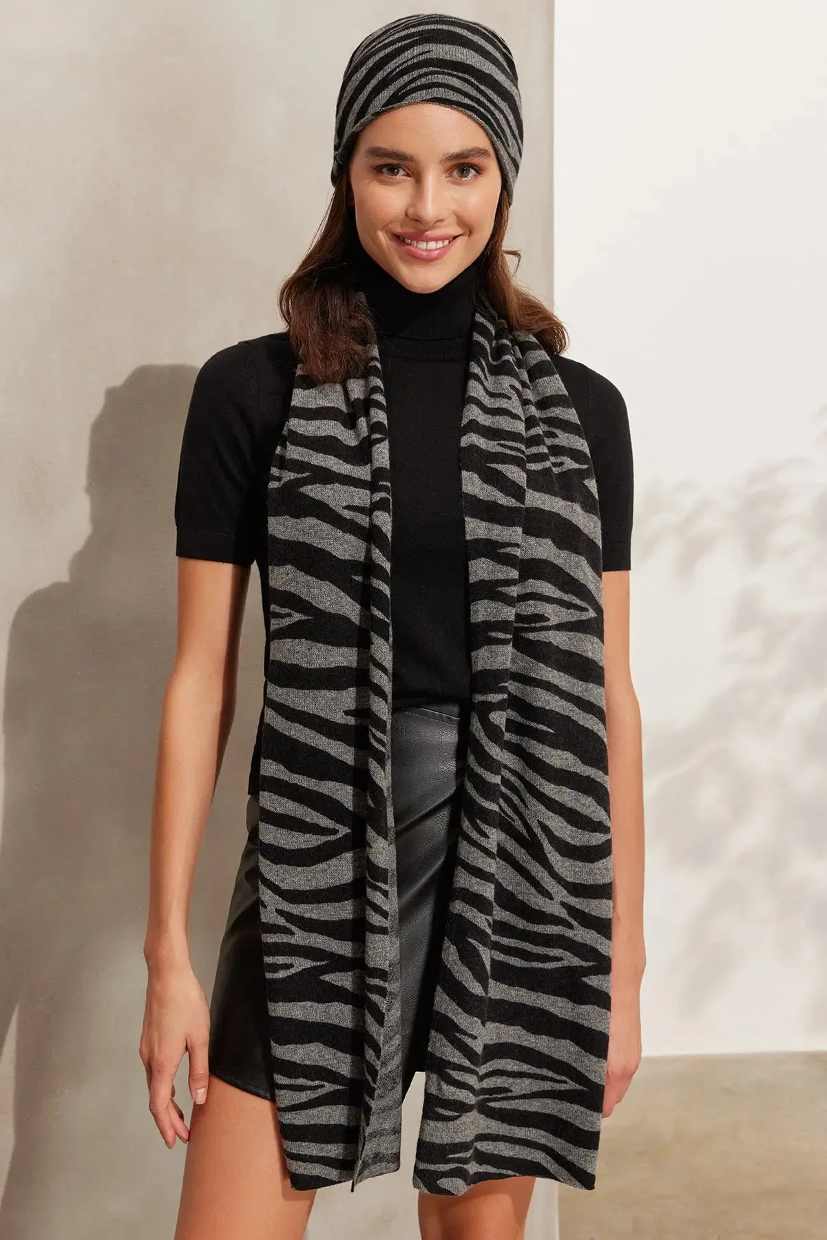 Gray Cashmere Wool Zebra Print Scarf