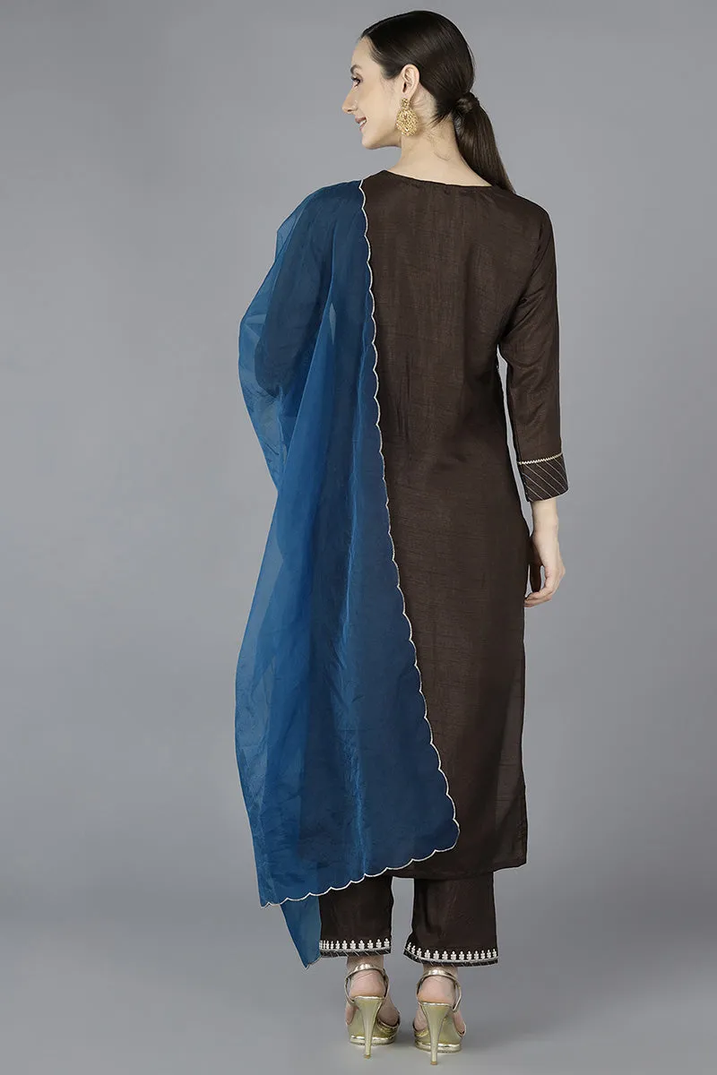 Grey Silk Blend Embroidered Kurta