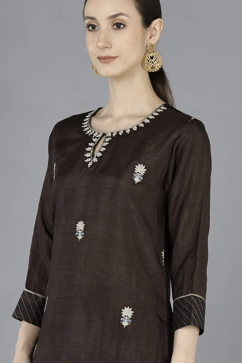 Grey Silk Blend Embroidered Kurta