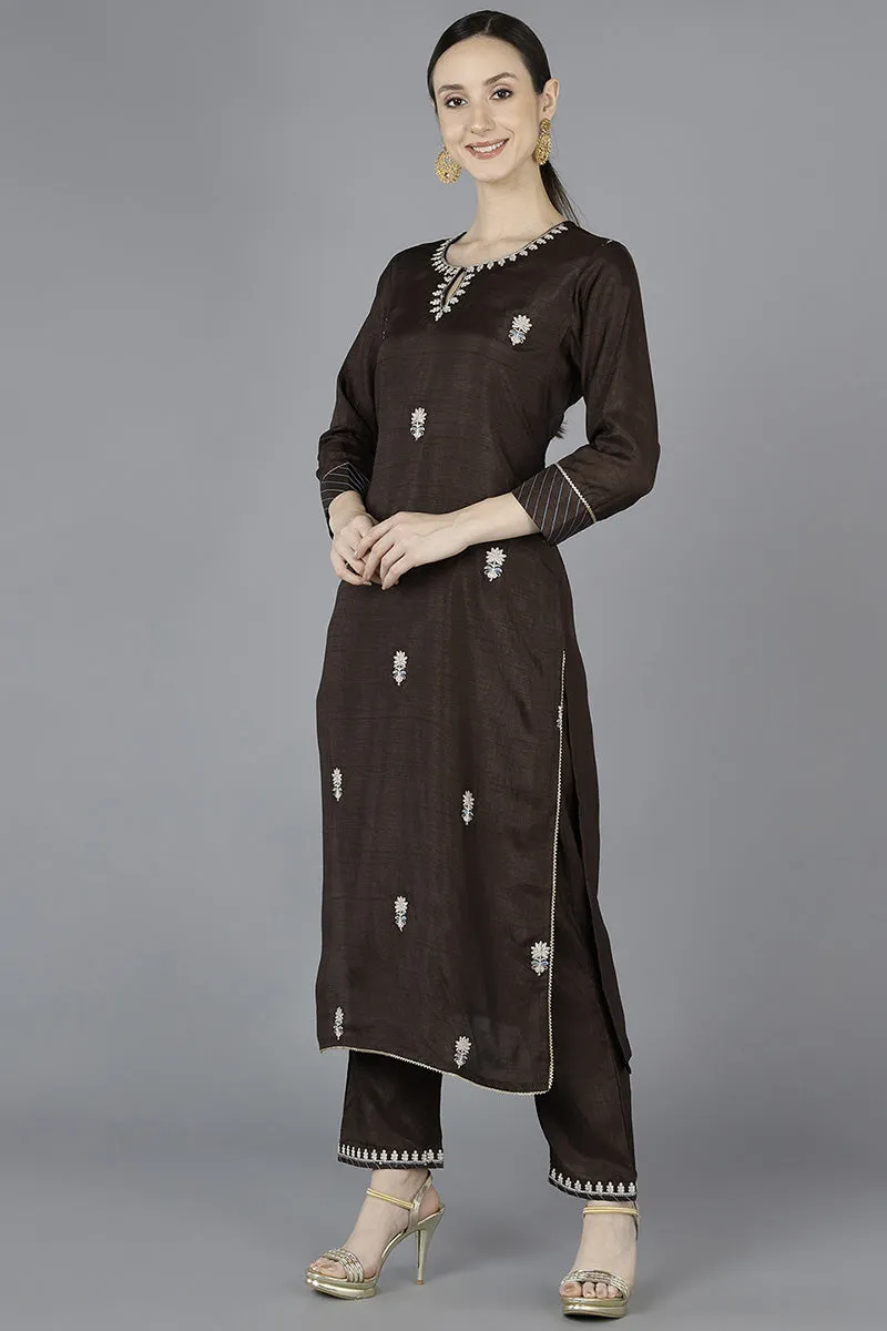 Grey Silk Blend Embroidered Kurta