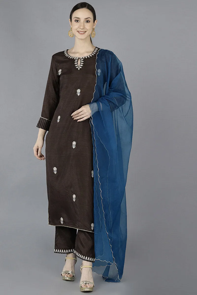 Grey Silk Blend Embroidered Kurta