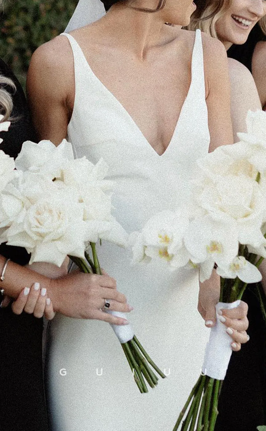 GW241 -  Classic & Timeless V-Neck Satin Long Beach Boho Wedding  Dress
