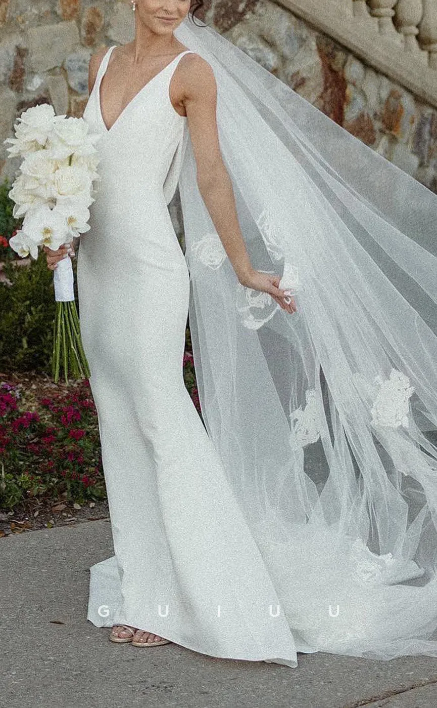 GW241 -  Classic & Timeless V-Neck Satin Long Beach Boho Wedding  Dress