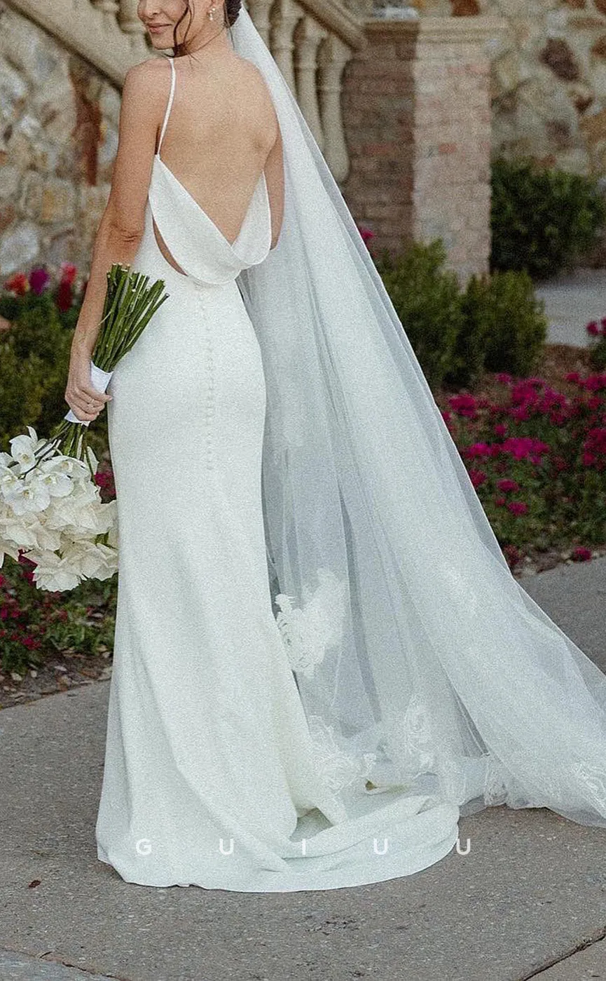 GW241 -  Classic & Timeless V-Neck Satin Long Beach Boho Wedding  Dress