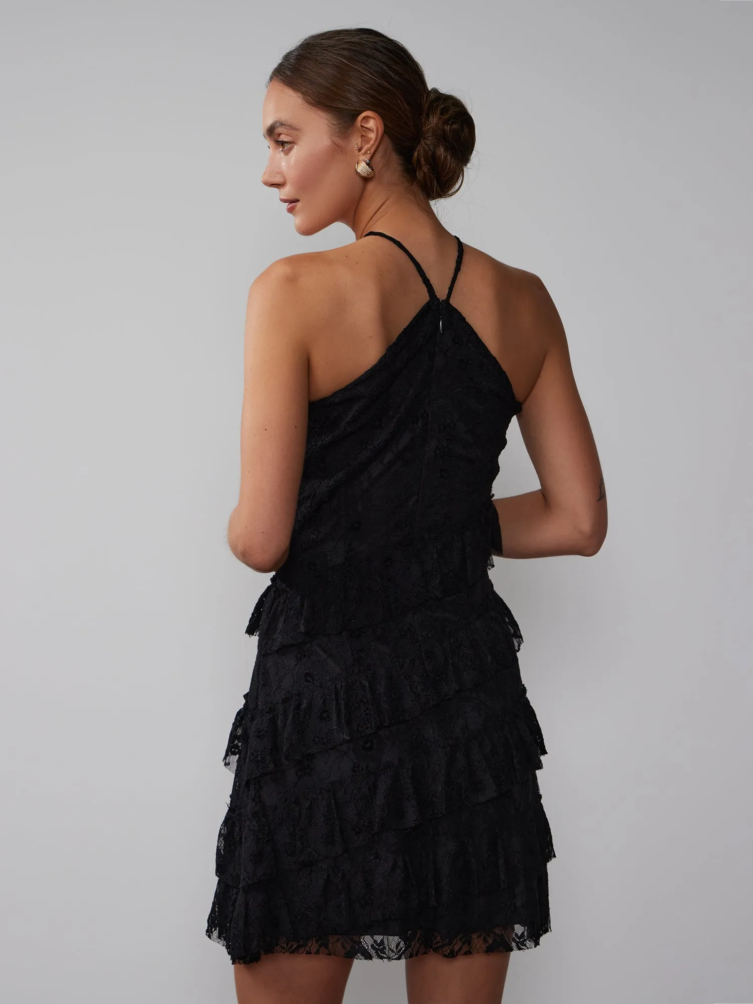 Halter Neck Diagonal Tier Lace Dress