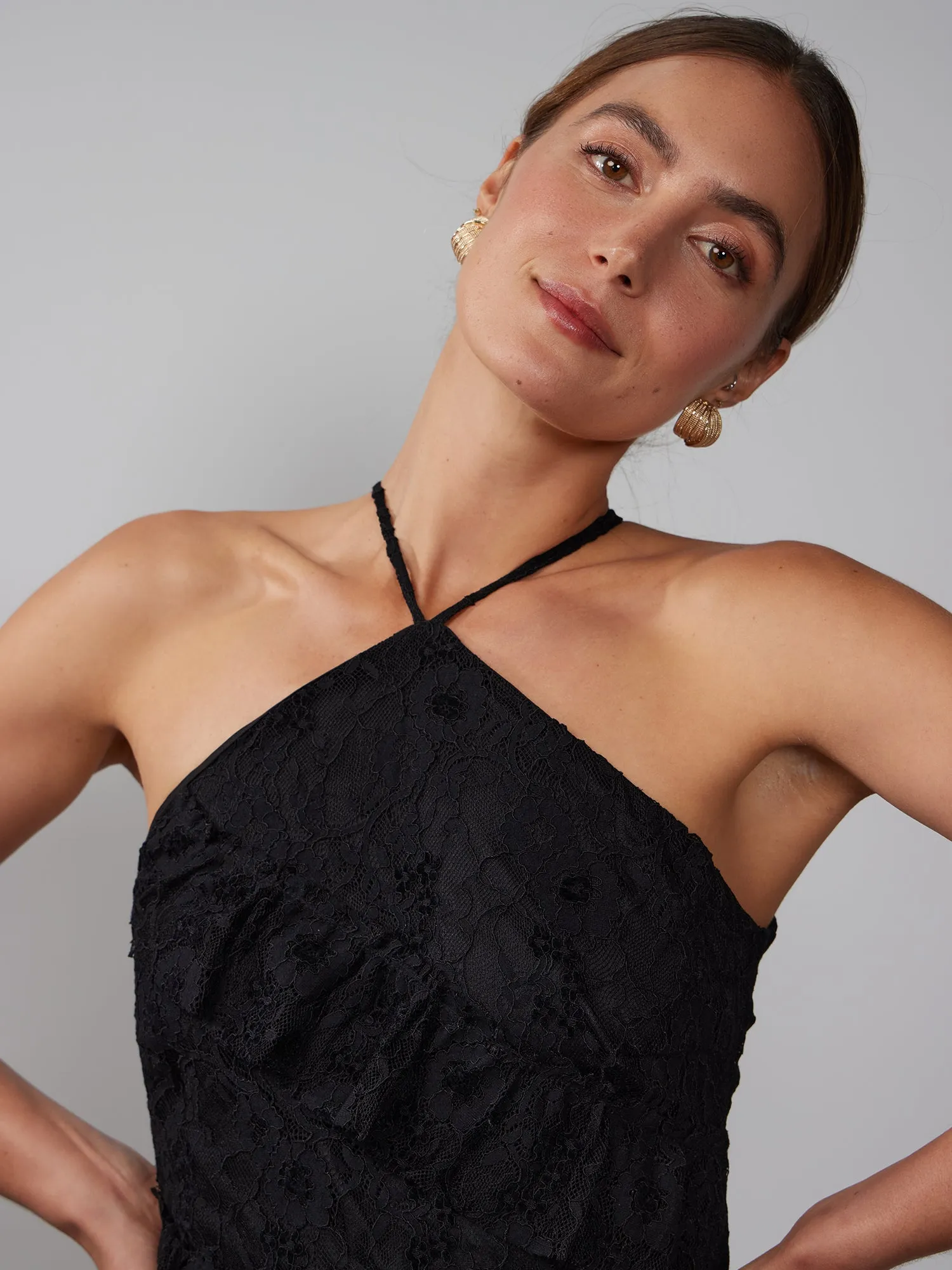 Halter Neck Diagonal Tier Lace Dress