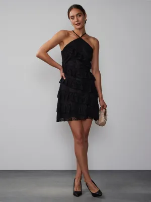 Halter Neck Diagonal Tier Lace Dress