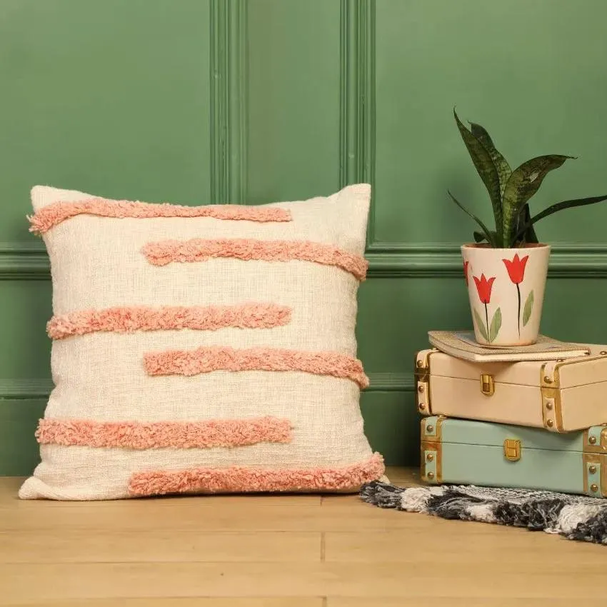 Handmade Fuzzy Peach Cotton Cushion Cover | 16 x 16 x 0.5 inches