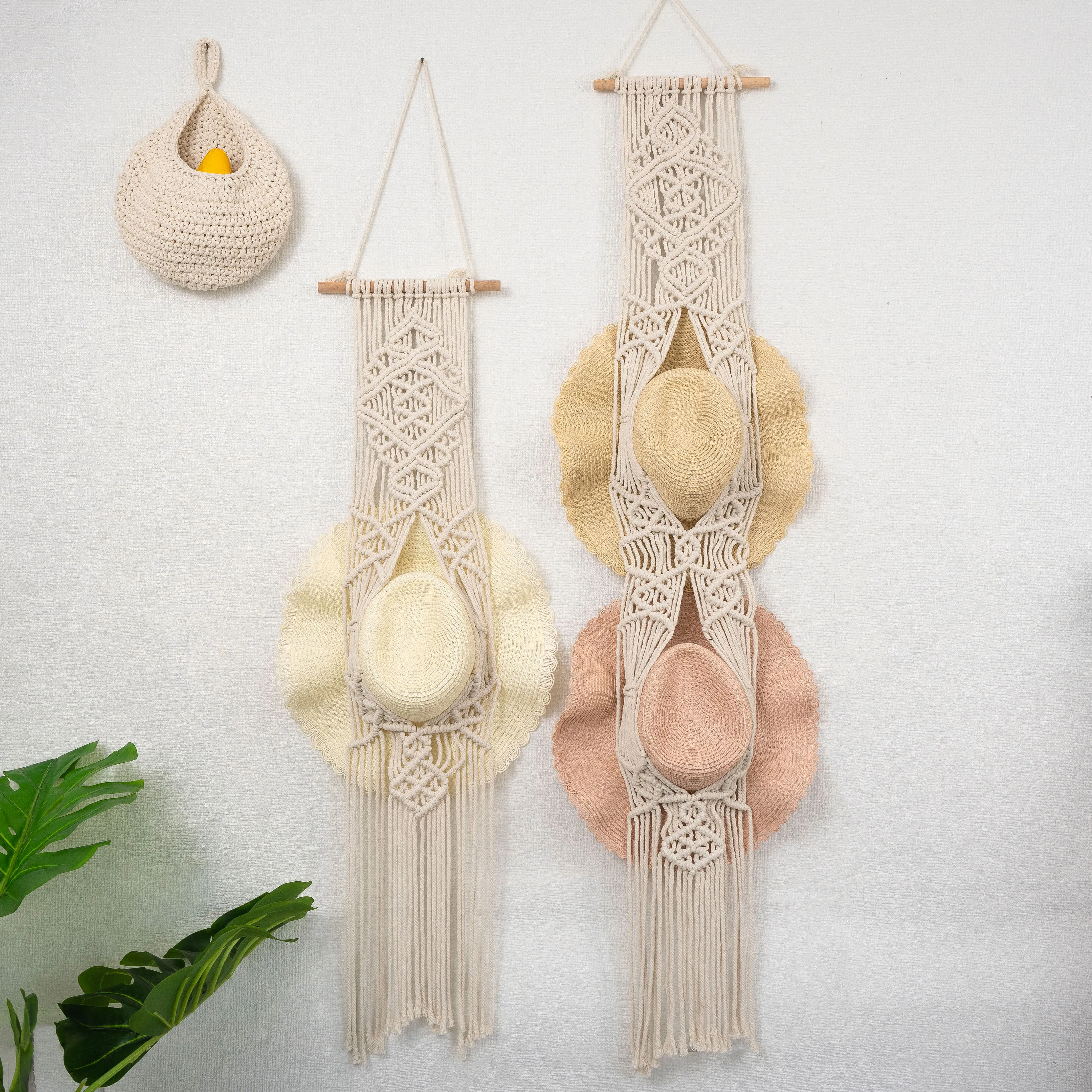 Handmade Macrame Wall Mounted Wide Brim Hat Hanger Display