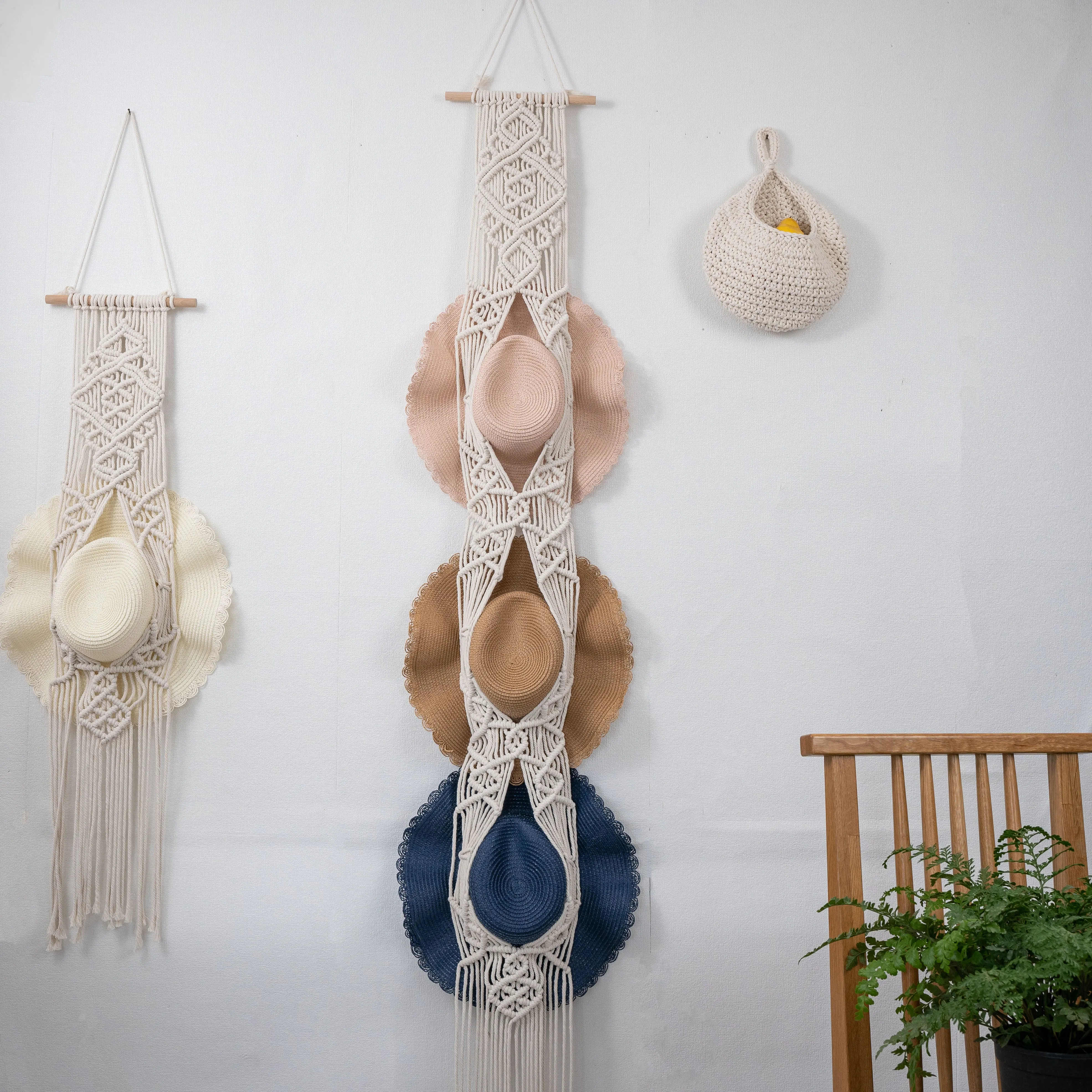 Handmade Macrame Wall Mounted Wide Brim Hat Hanger Display