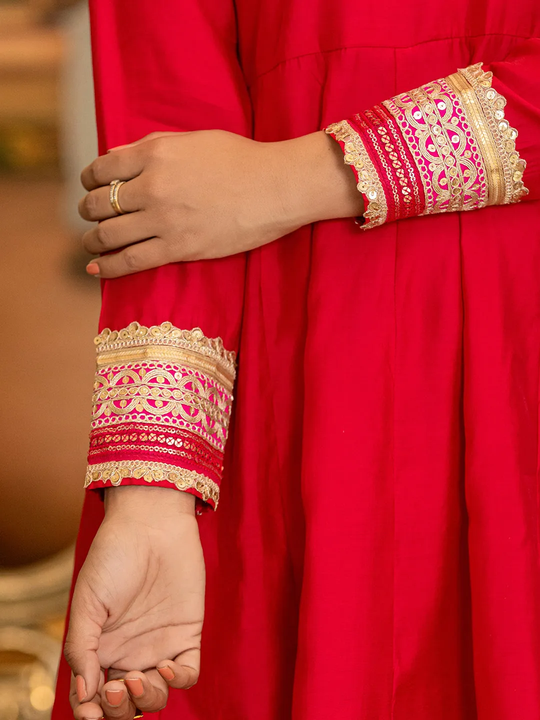 Hot Pink Solid Anarkali Kurta Trouser And Dupatta Set