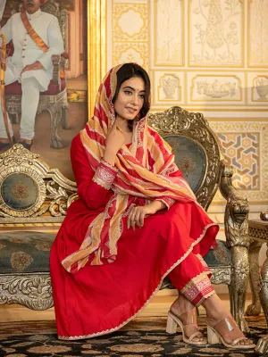 Hot Pink Solid Anarkali Kurta Trouser And Dupatta Set