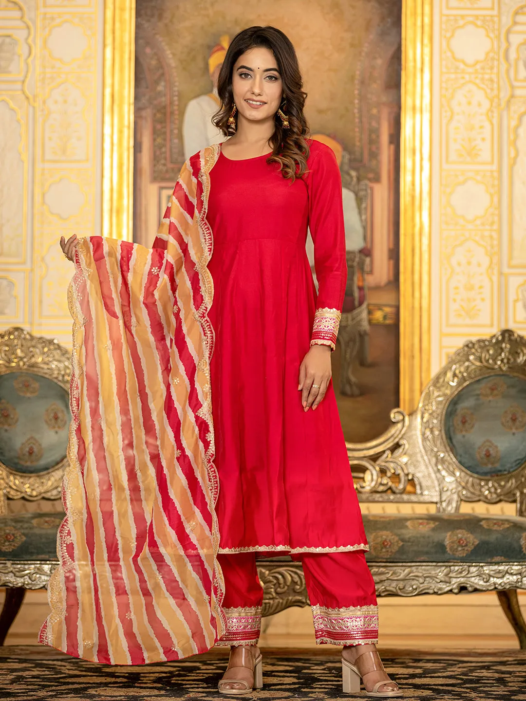 Hot Pink Solid Anarkali Kurta Trouser And Dupatta Set
