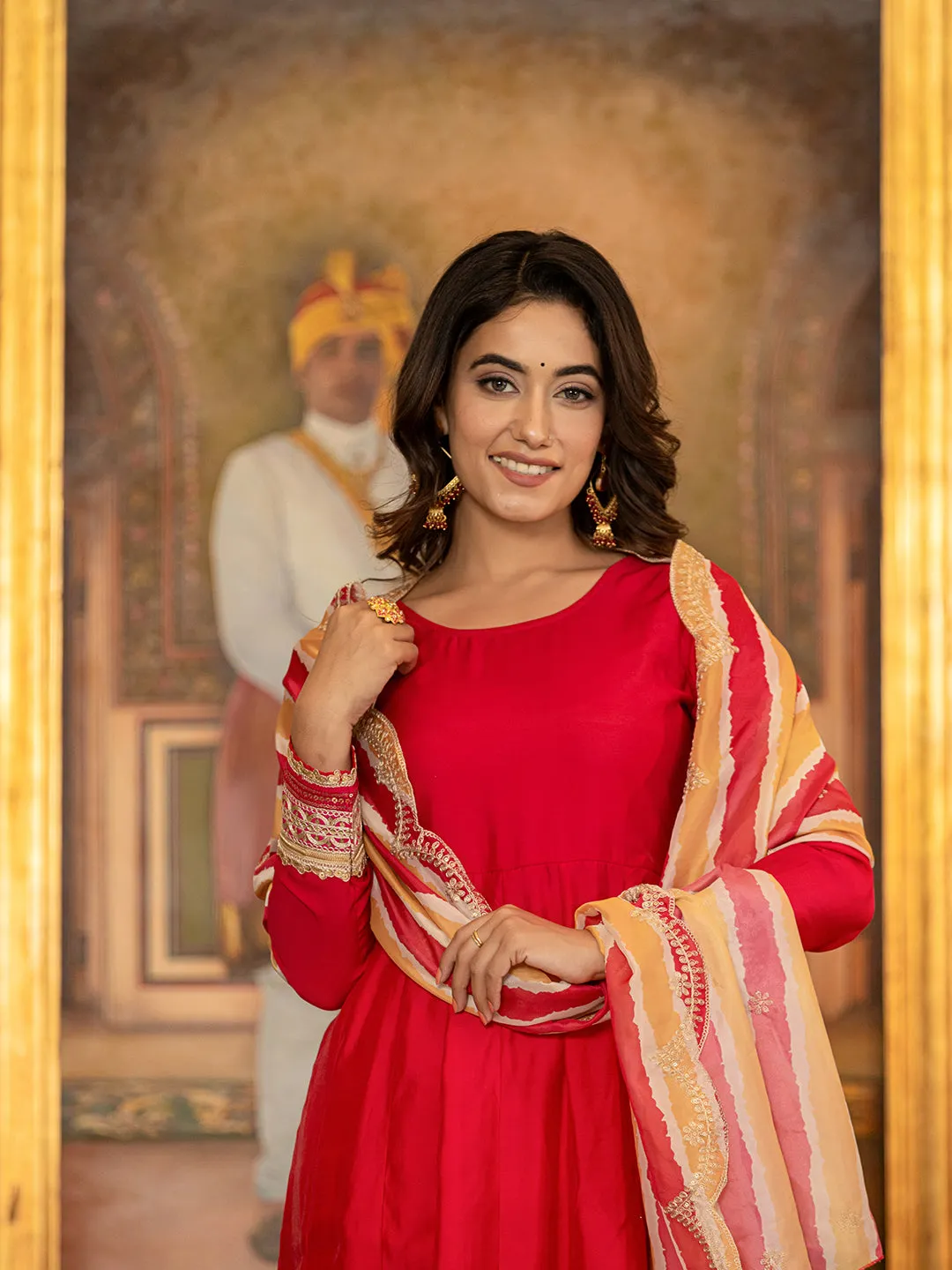 Hot Pink Solid Anarkali Kurta Trouser And Dupatta Set