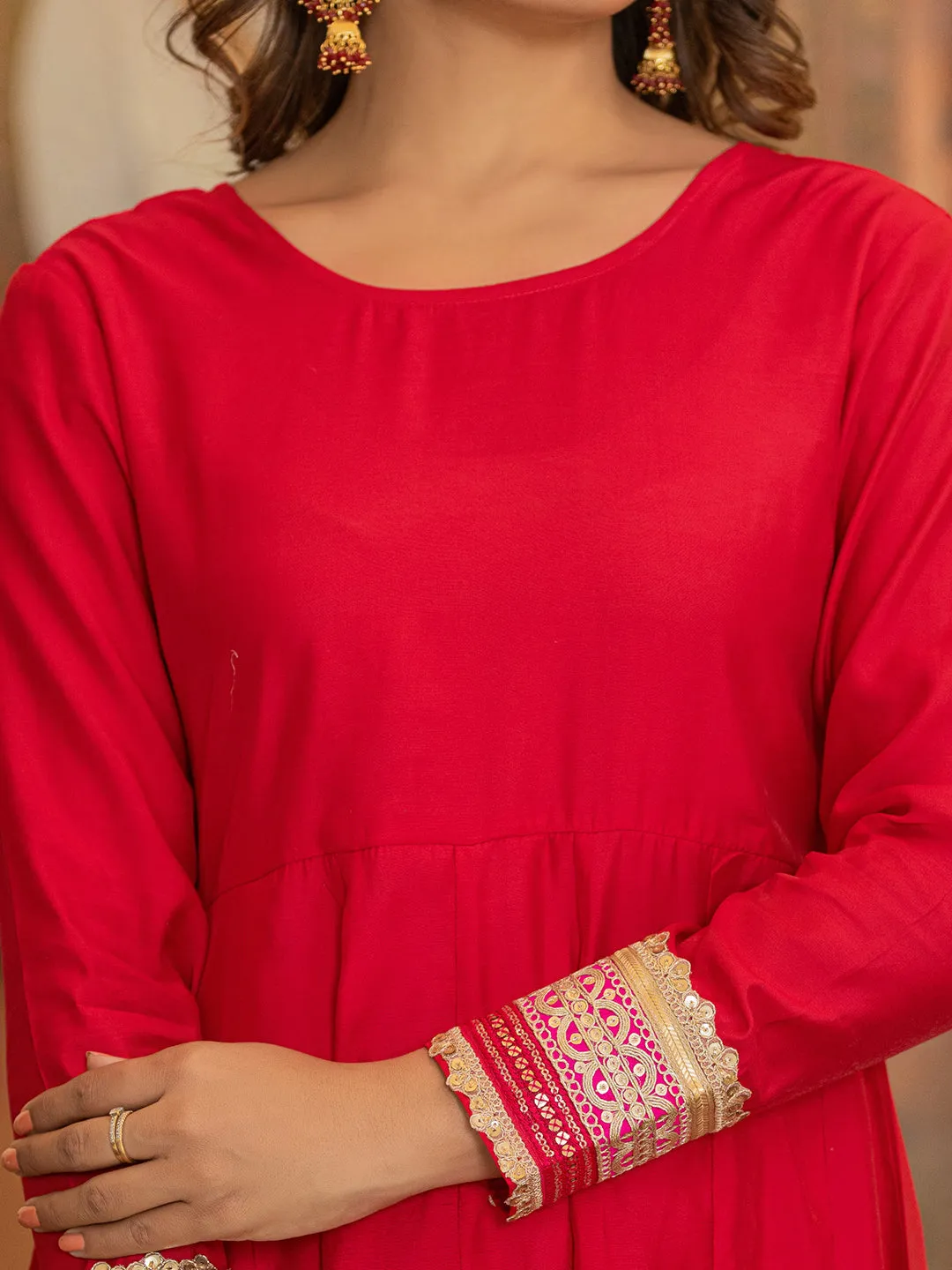 Hot Pink Solid Anarkali Kurta Trouser And Dupatta Set