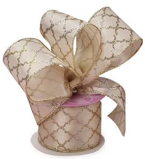 Ivory Quatrefoil Christmas Tree Ribbon - 2 1/2" x 10 Yards, Wired Edge