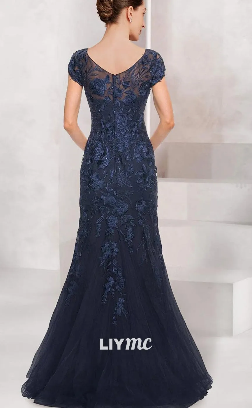 M1077 - Trumpet Mother of the Bride Dress Wedding GuestElegant Black Dress V Neck Floor Length Chiffon Cap Sleeve