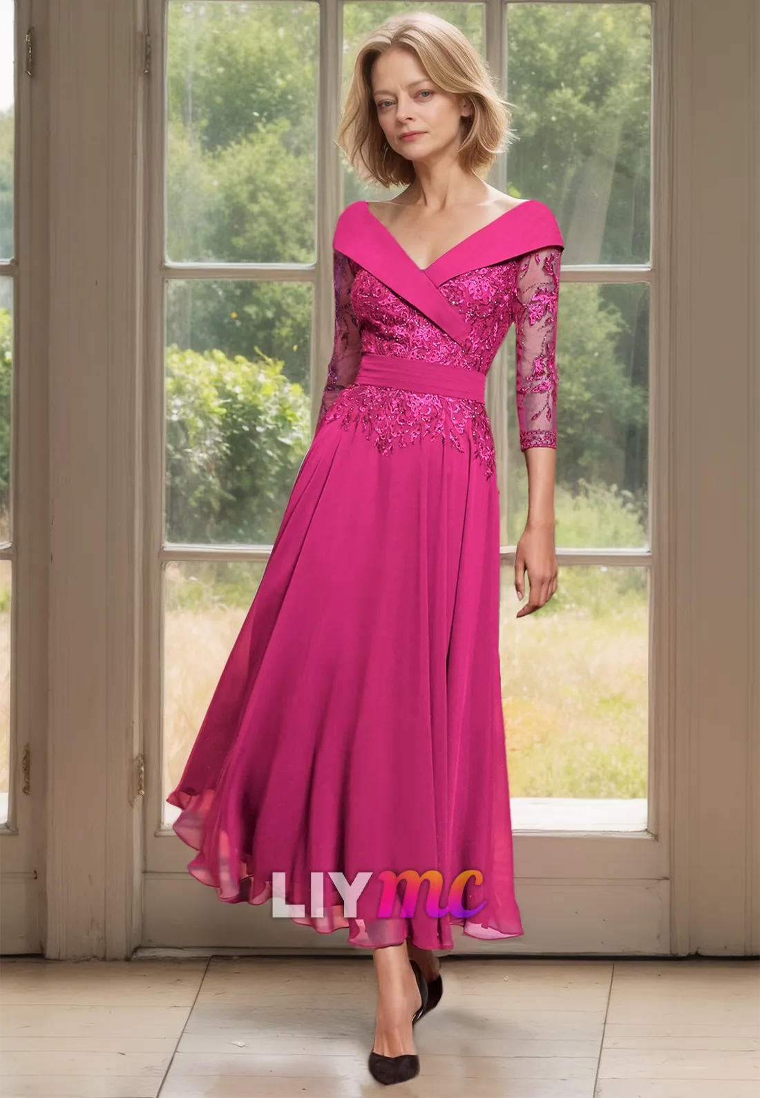 M1158 - V-Neck Long Sleeves Lace Appliques Pleated A-Line Mother of Bride Wedding Guest Dress